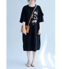 Modern o neck embroidery linen clothes Fashion Online Shopping black long Dresses Summer