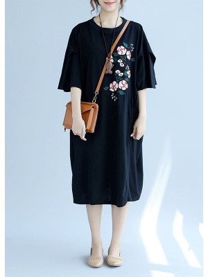 Modern o neck embroidery linen clothes Fashion Online Shopping black long Dresses Summer