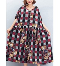 Beautiful o neck large hem linen quilting dresses To Get design red Plaid Art Dress summer