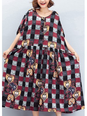 Beautiful o neck large hem linen quilting dresses To Get design red Plaid Art Dress summer