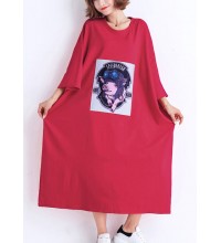 French o neck half sleeve cotton Tunic Organic linen red Traveling Dresses Summer