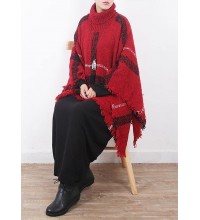 red plaid tassel cloak women casual high neck knit sweater